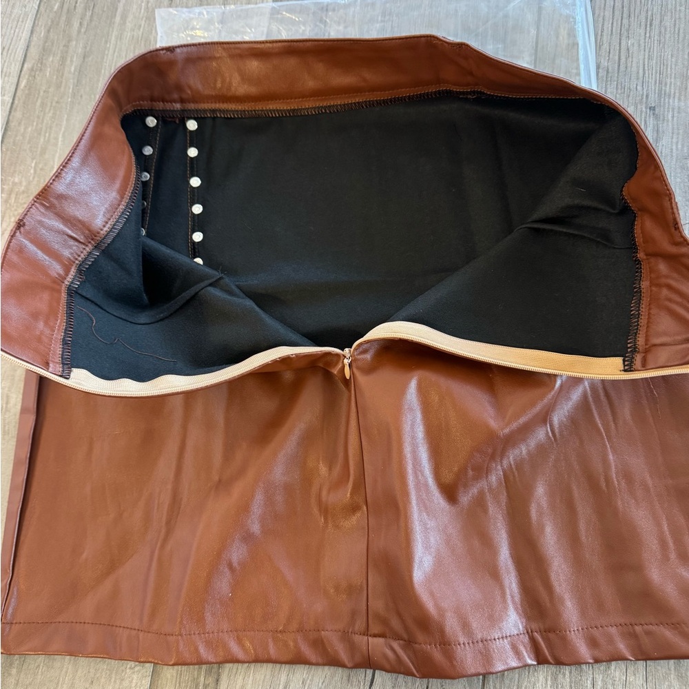 Brown PLeather Mini Skirt funky pencil skirt faux leather size L - Picture 5 of 9